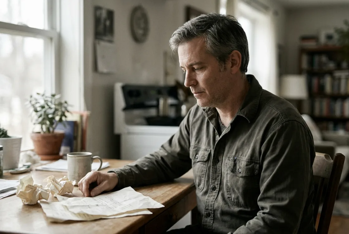 A man sitting at a kitchen table, looking down in thought at papers spread in front of him